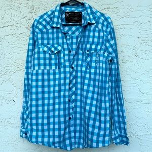 Marc Ecko Cut & Sew Men’s Blue & White Paid Long Sleeve Dress Shirt Size L